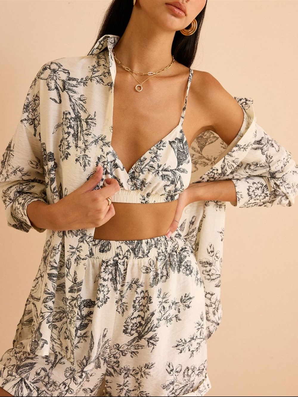 Commense Cream and Black Floral Camisole